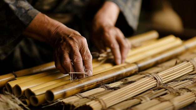 男が手で作られた竹で作業している