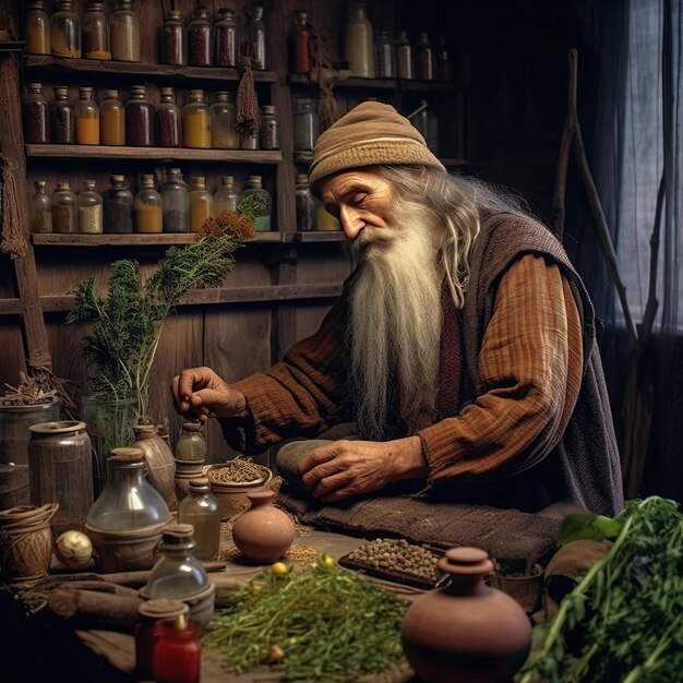 a man is working in a wooden hut with many spices