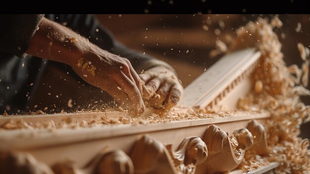 男性が砂を積んだ木造の構造物で働いています