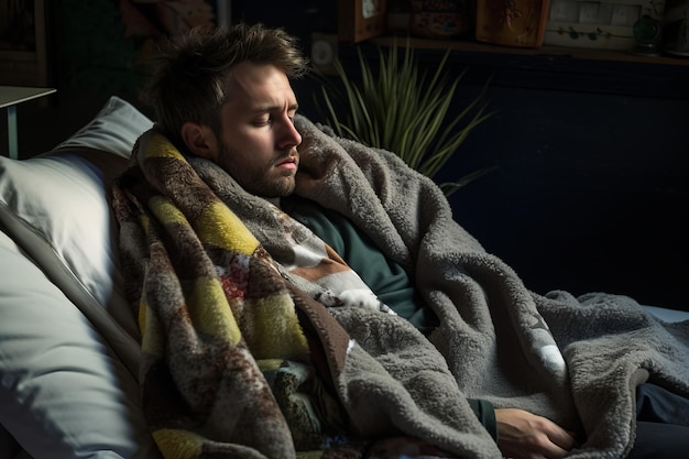 Photo a man is wrapped in a blanket on a bed