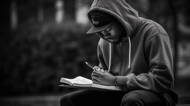 a man is writing in a book and wearing a hat