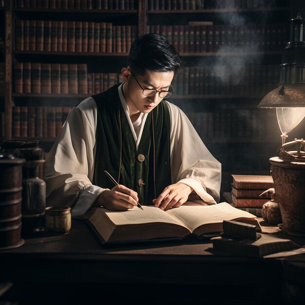 Foto un uomo sta scrivendo in un libro con una lampada dietro di lui.