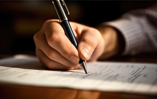 A man is writing a document with a pen on it.