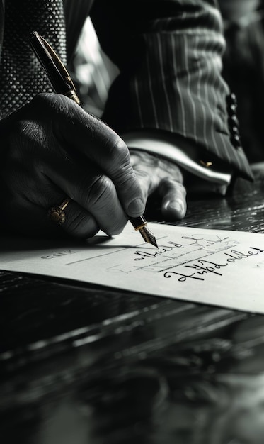 Foto l'uomo sta scrivendo una lettera con una penna stilografica