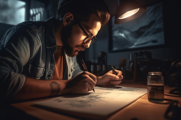 A man is writing on a paper with a lamp shade on the table.