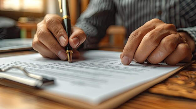 Photo a man is writing on a piece of paper with a pen in it