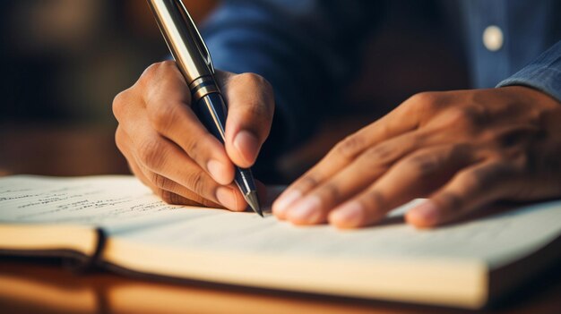 a man is writing on a piece of paper with a pen on it.