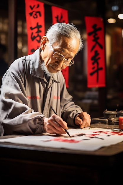 a man is writing on a piece of paper with a red background