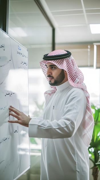 a man is writing on a white board with the word  arabic