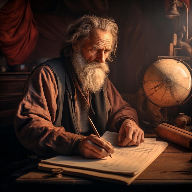 a man is writing with a map and a globe on it.
