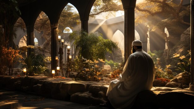 Man islam reading a book in a quiet corner of a richly decorated library