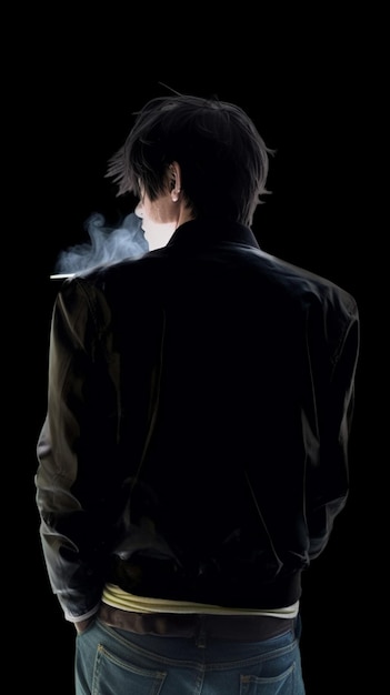 재킷을 입은 남자가 담배를 피우고 있다.