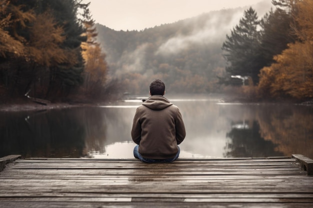 Photo man in jacket sitting on the small bridge with a view on beautiful lake back view generative ai illustration