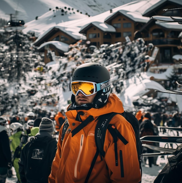 배경이 흐릿한 산 위의 스키 리조트에서 재킷을 입은 남자