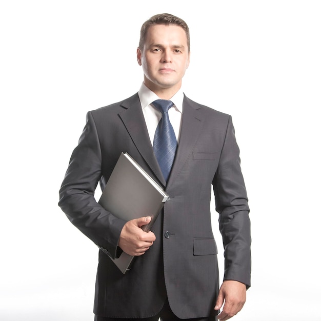 Man in a jacket stand with the closed folder