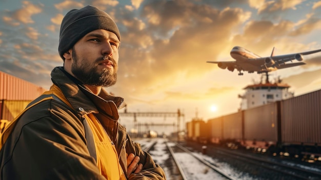 Man in jacket watching airplane at sunset in industrial port with cargo containers