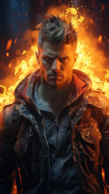 A man in a jacket with fire behind him