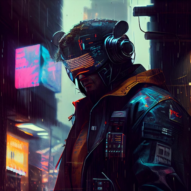 A man in a jacket with a hood that says'cyberpunk'on it