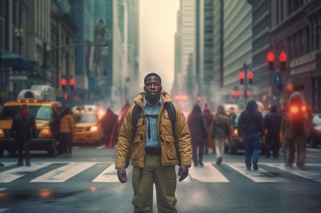 A man in a jacket with the name ghostbusters on it