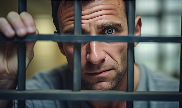 A man in a jail cell looking at the camera