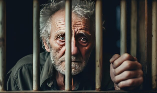 A man in a jail cell with his hand on the bars