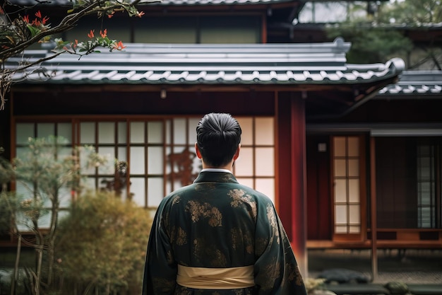 Man japanese kimono house view Generate Ai
