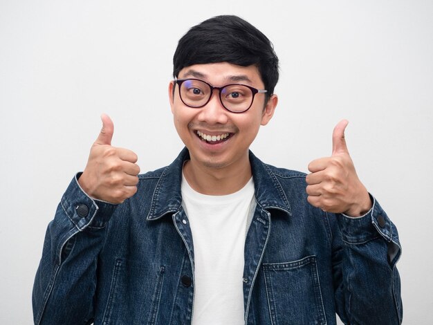 Man jeans shirt smiling and double thumb up isolatedGlasses man cheerful portrait