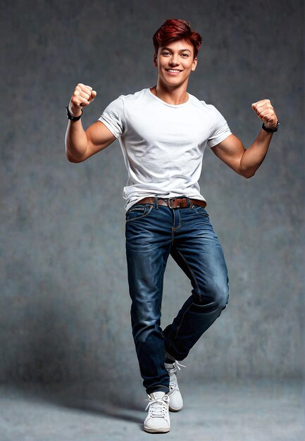 a man in jeans and a white shirt is dancing