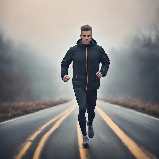 man joggen op de weg in de mist in de late winter avond generatieve ai