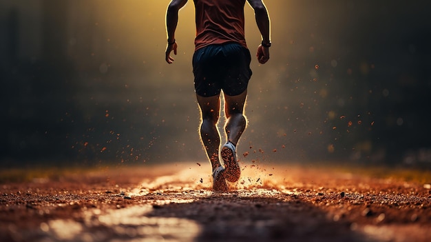 A man jogging on a dirt track in the sunlight