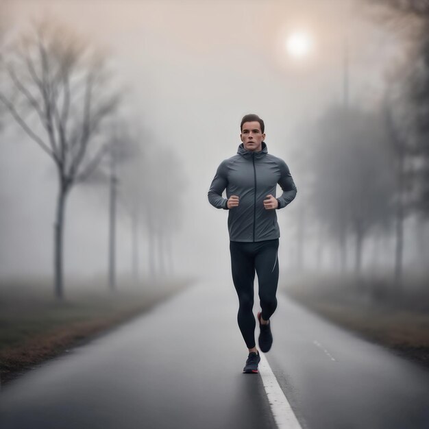 写真 冬の夕方霧の中の道でジョギングをしている男性 ゲネレーティブ・アイ