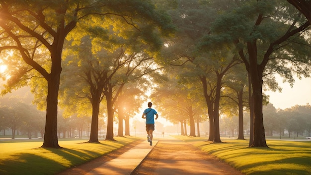 Man jogging in the park in the sunshine