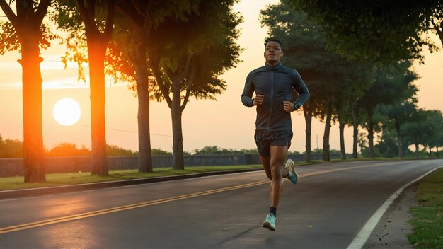 Man jogging on a road with the sun