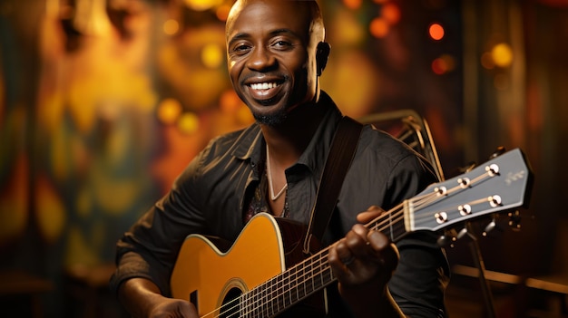 A man joyfully holds a guitar gazing at the camera with a bright smile