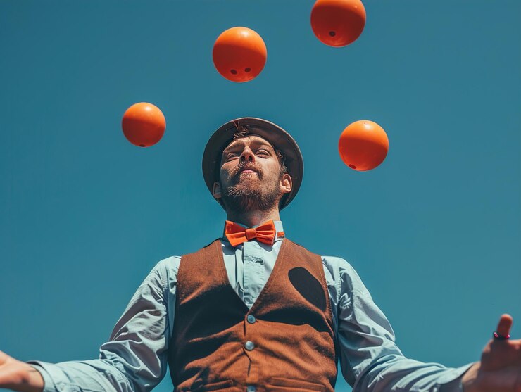 Photo a man juggling oranges with oranges in the background