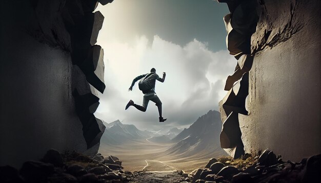 Фото Человек прыгает через разрывы между холмами.