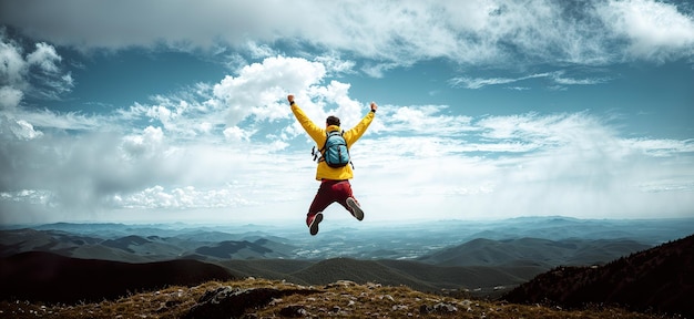 A man in a jump on top of a mountain with his arms outstretched to the sides Generative AI