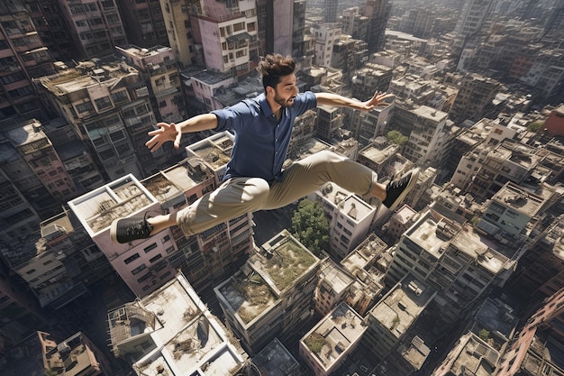 Photo man jumping in air over city