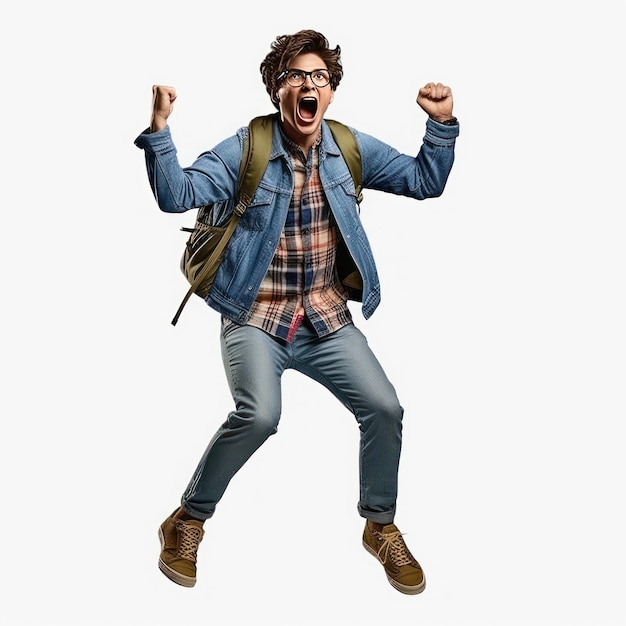 A man jumping in the air with a backpack and a backpack.