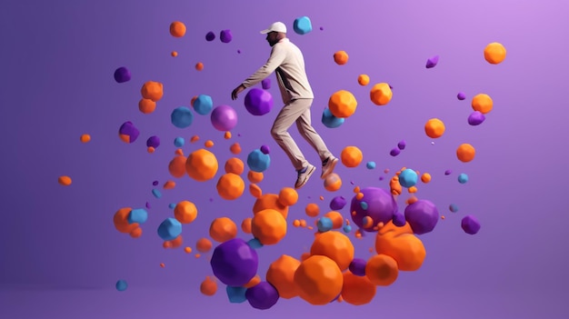 a man jumping in the air with balloons in the background