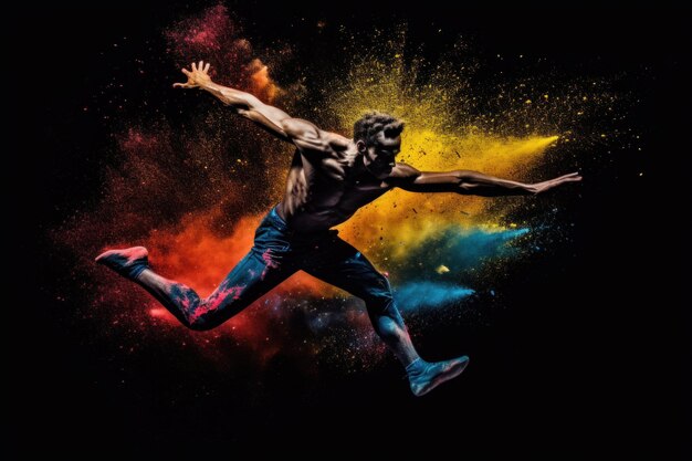 A man jumping in the air with colored powder in the air Generative AI image