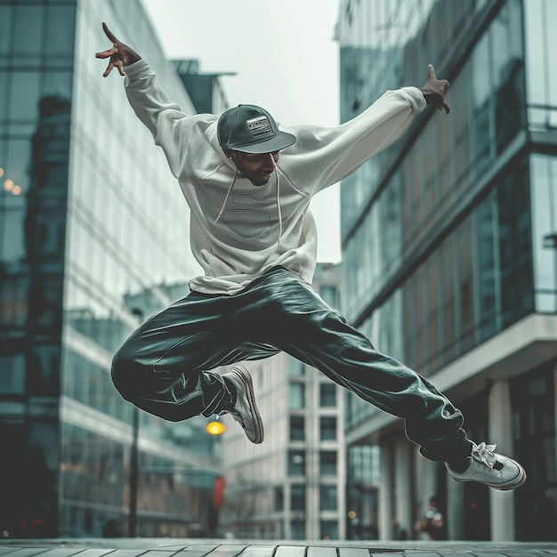 a man jumping in the air with a hat on