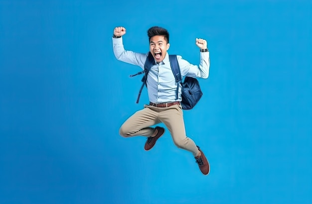 A man jumping in the air with his hands up and the word school on the back