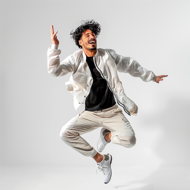 Photo a man jumping in the air with a white jacket on