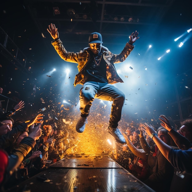 A man jumping in the air with the words the word on it