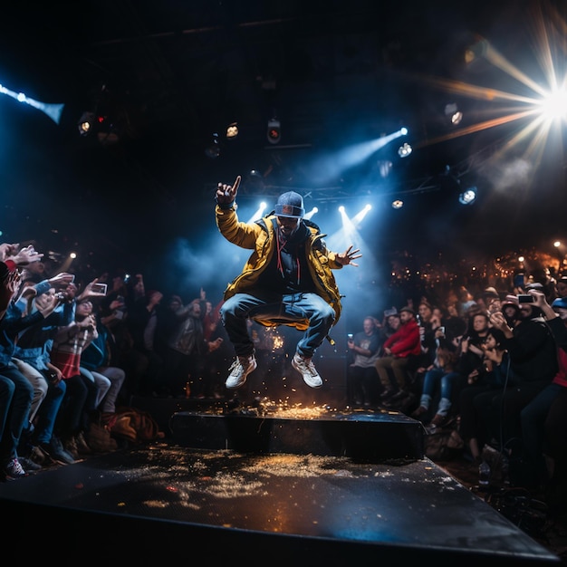 A man jumping in the air with a yellow jacket on.