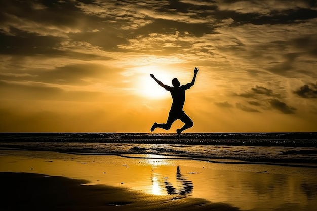 Foto un uomo che salta sulla spiaggia al tramonto pieno di gioia e felicità bei paesaggi