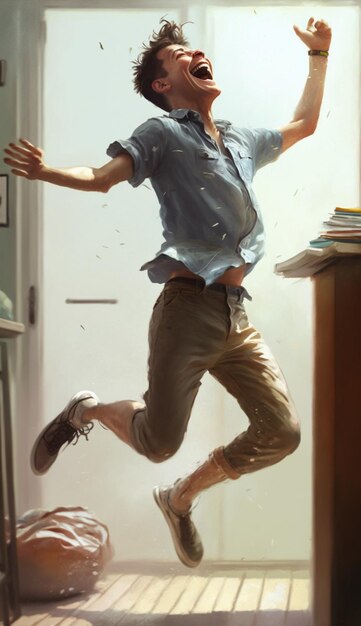 A man jumping in front of a desk with a book on it.