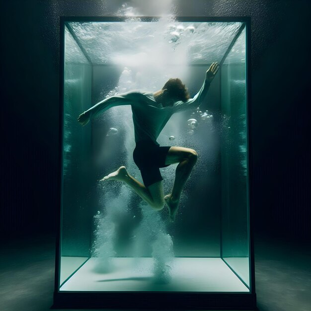 Foto un uomo che salta in un contenitore di vetro con le parole l'acqua sul fondo