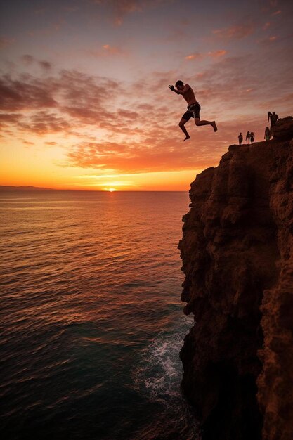 Photo a man jumping off a cliff into the ocean